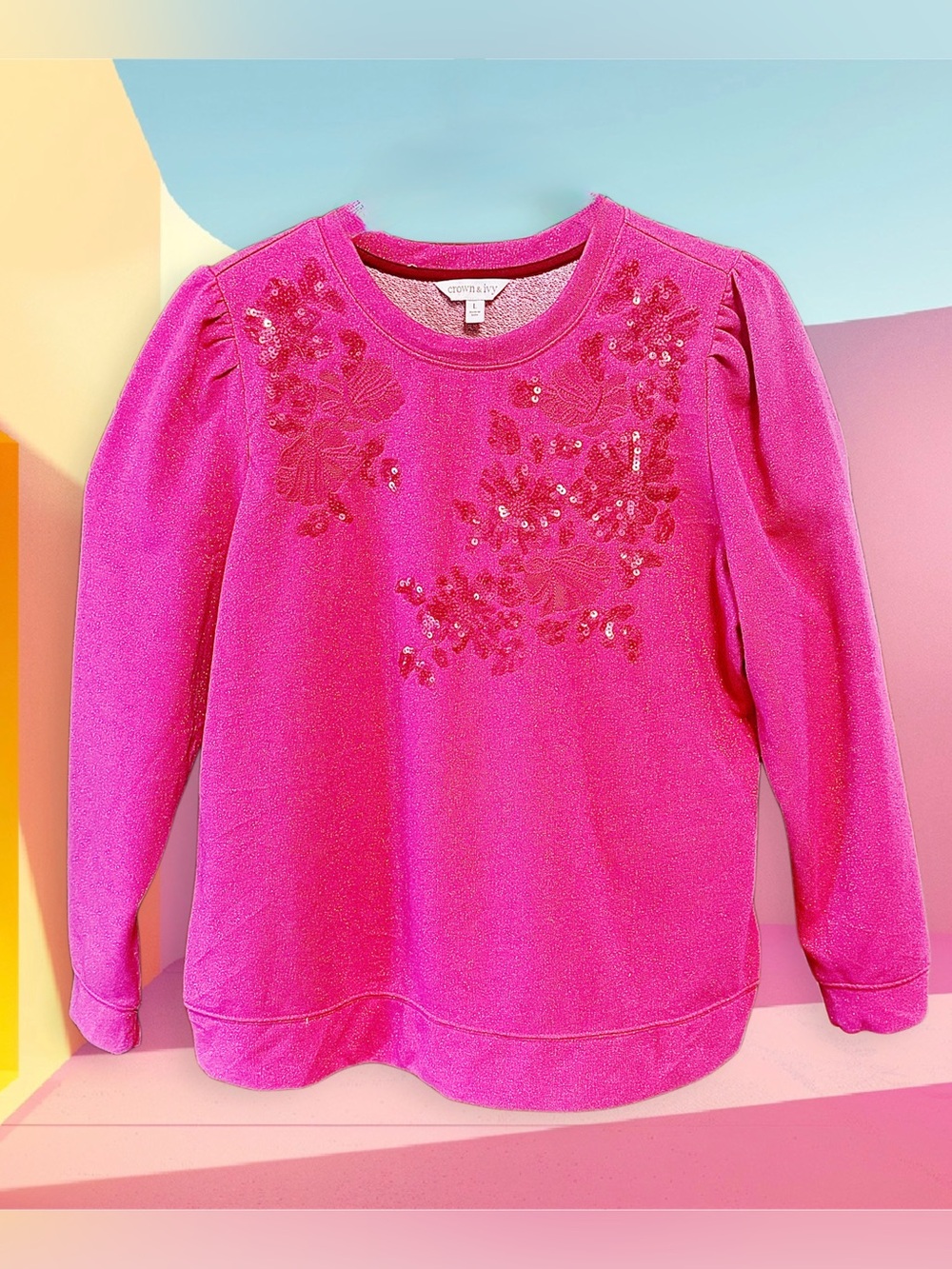 crown & ivy Bright Pink Sequin Floral Puff-Shoulder Sweatshirt Silver Sparkles L